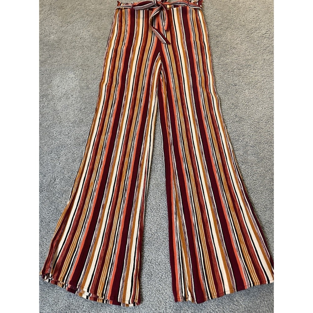 F21 Striped Wide Leg Paperbag Pants Sz M Burgundy Ivory Belted Pull On Festive